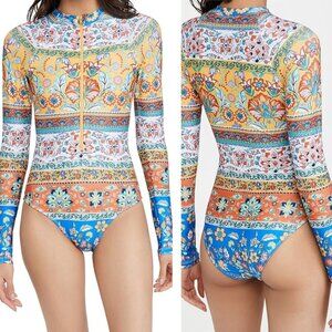 Shoshanna Batik Floral Long Sleeve Rashguard One Piece Swimsuit 6  Blue Yellow